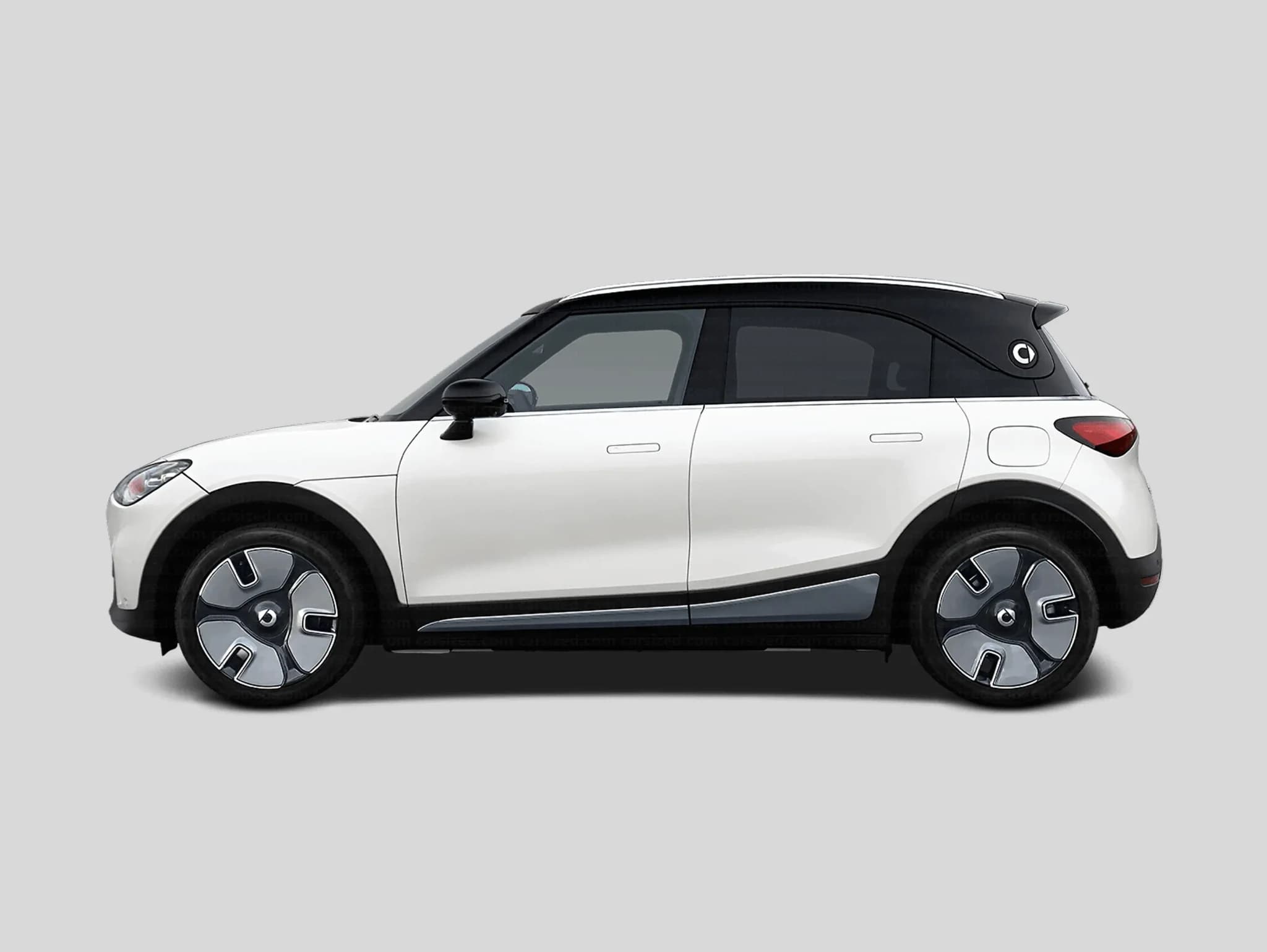 Compacto hatchback branco visto de perfil